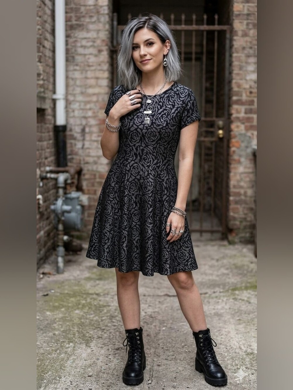 Coquette Grunge Silver Rose Jacquard Flare Dress Shimmer Whimsigoth Small